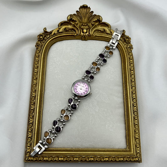 Glass Golden & Garnet Toned Cabochon Watch