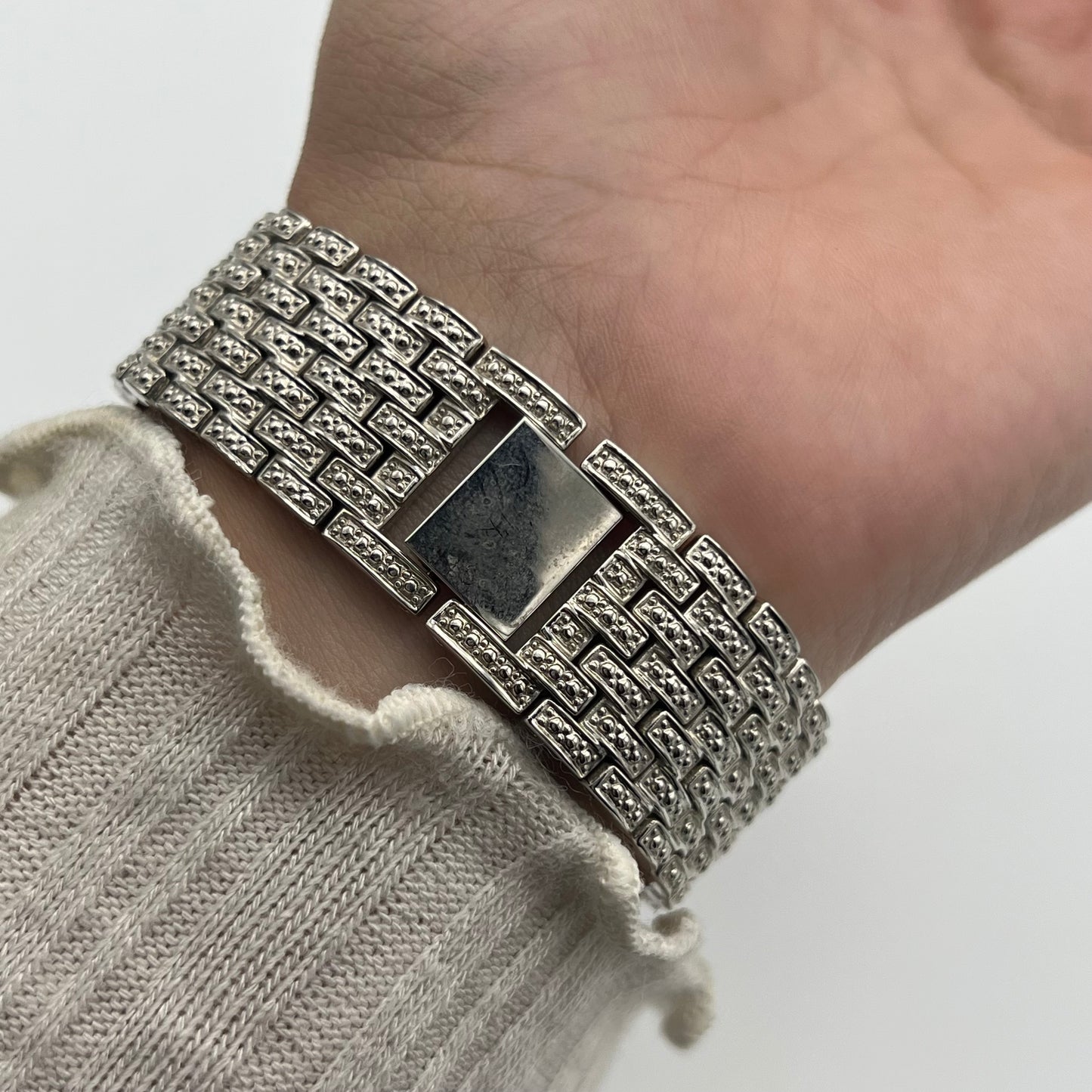 Silver-Toned Diamanté Watch with Mother of Pearl Dial