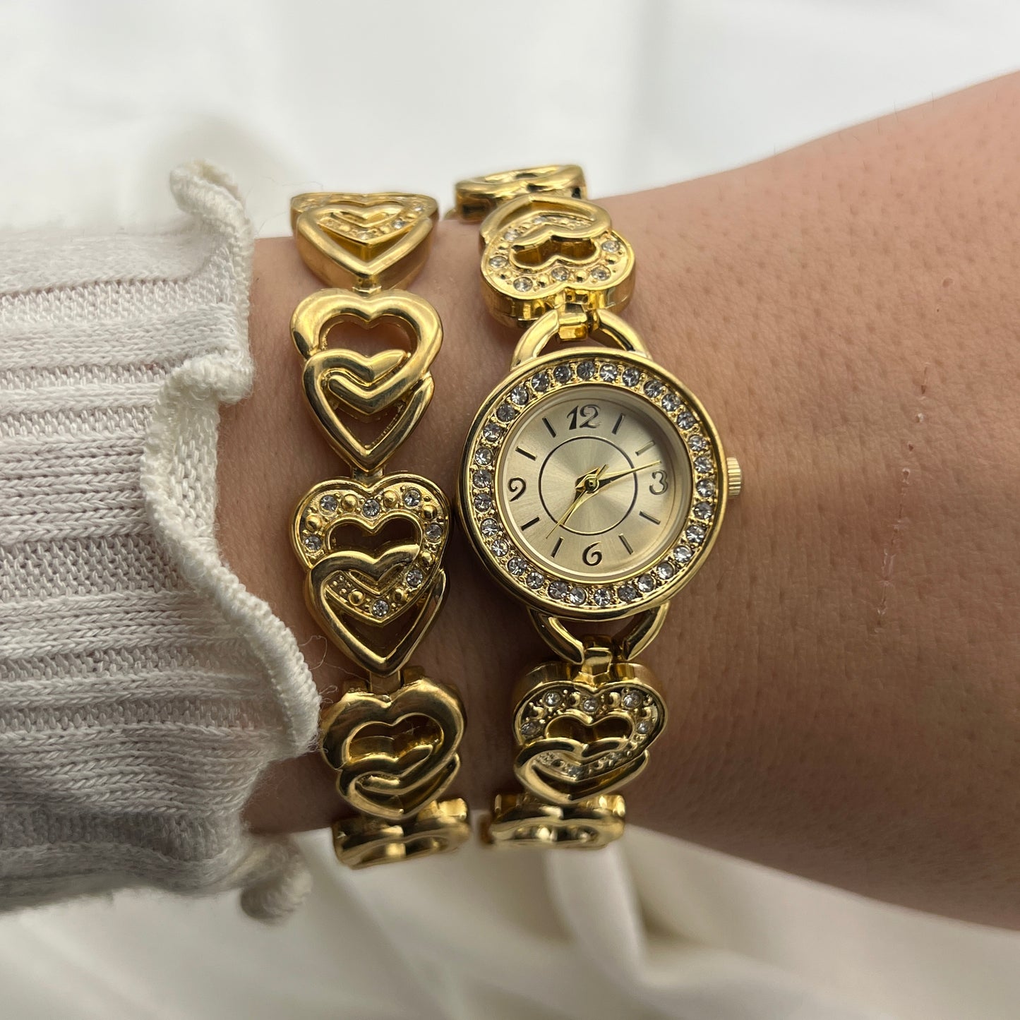 RARE Heart Diamanté Gold-Toned Watch & Bracelet Set
