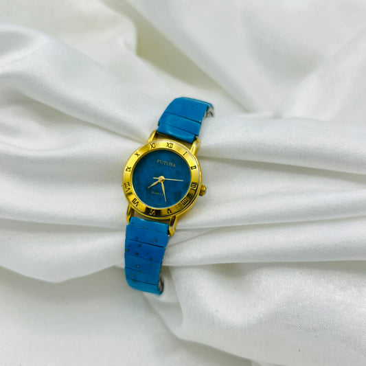 Aqua Blue Watch with Gold Flake Accents