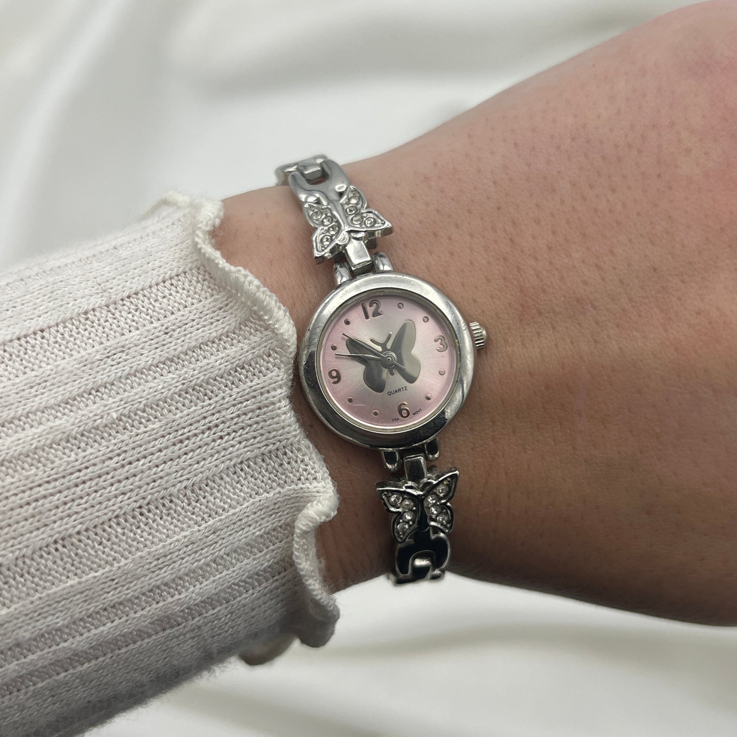 Baby Pink Butterfly Silver-Tone Watch