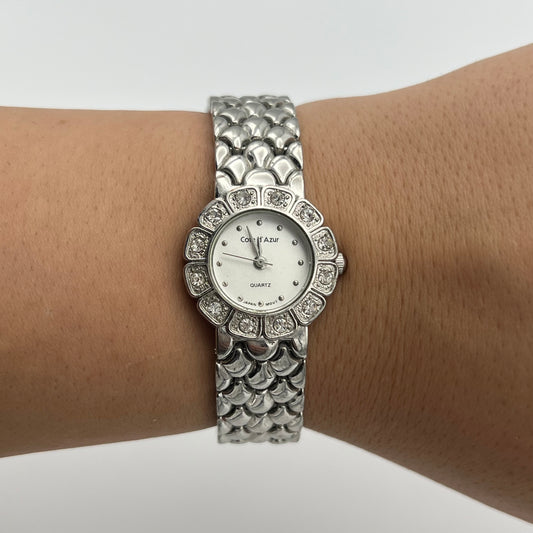 Silver-Toned Diamanté Flower Watch