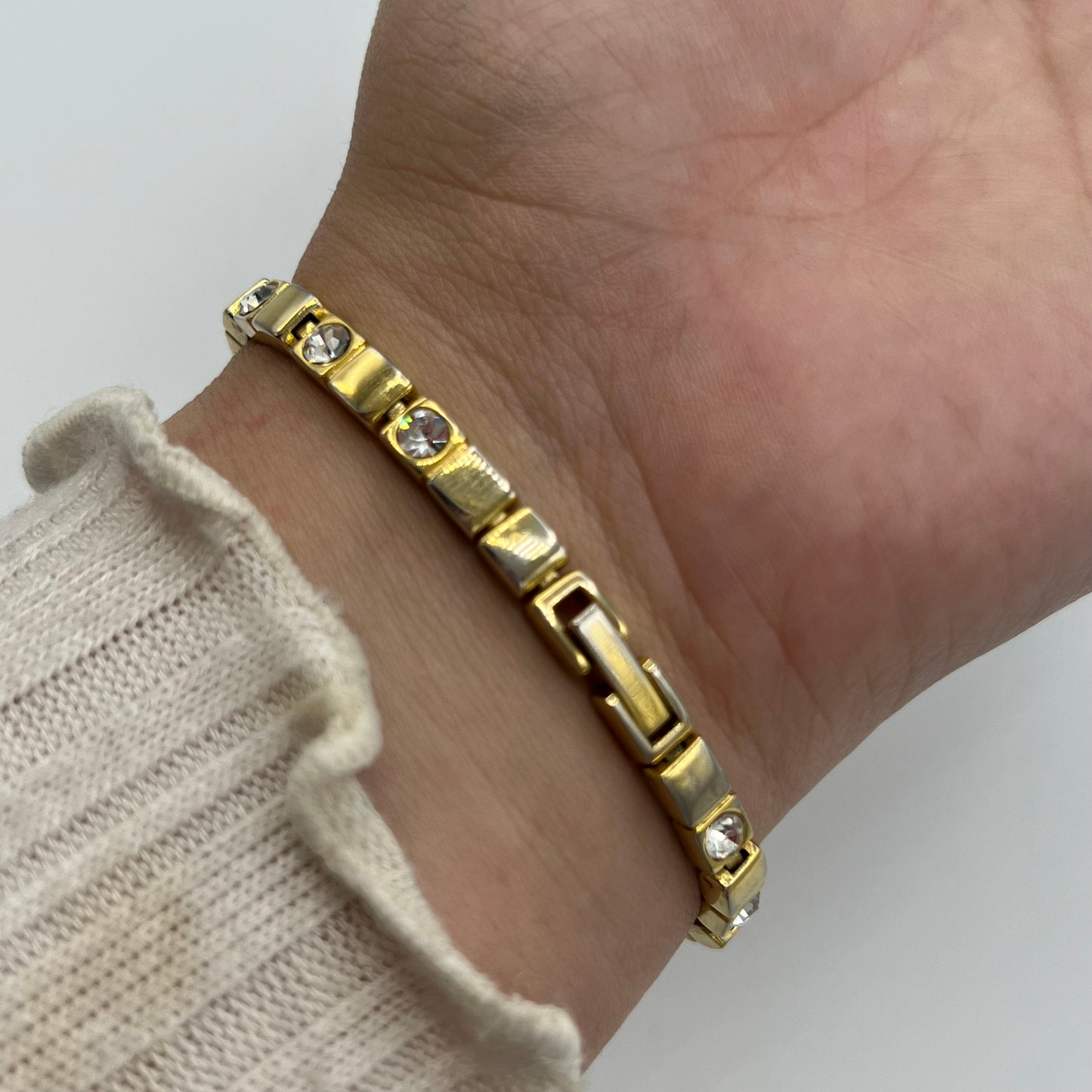 Diamanté Gold-Toned Watch with Mother of Pearl Dial