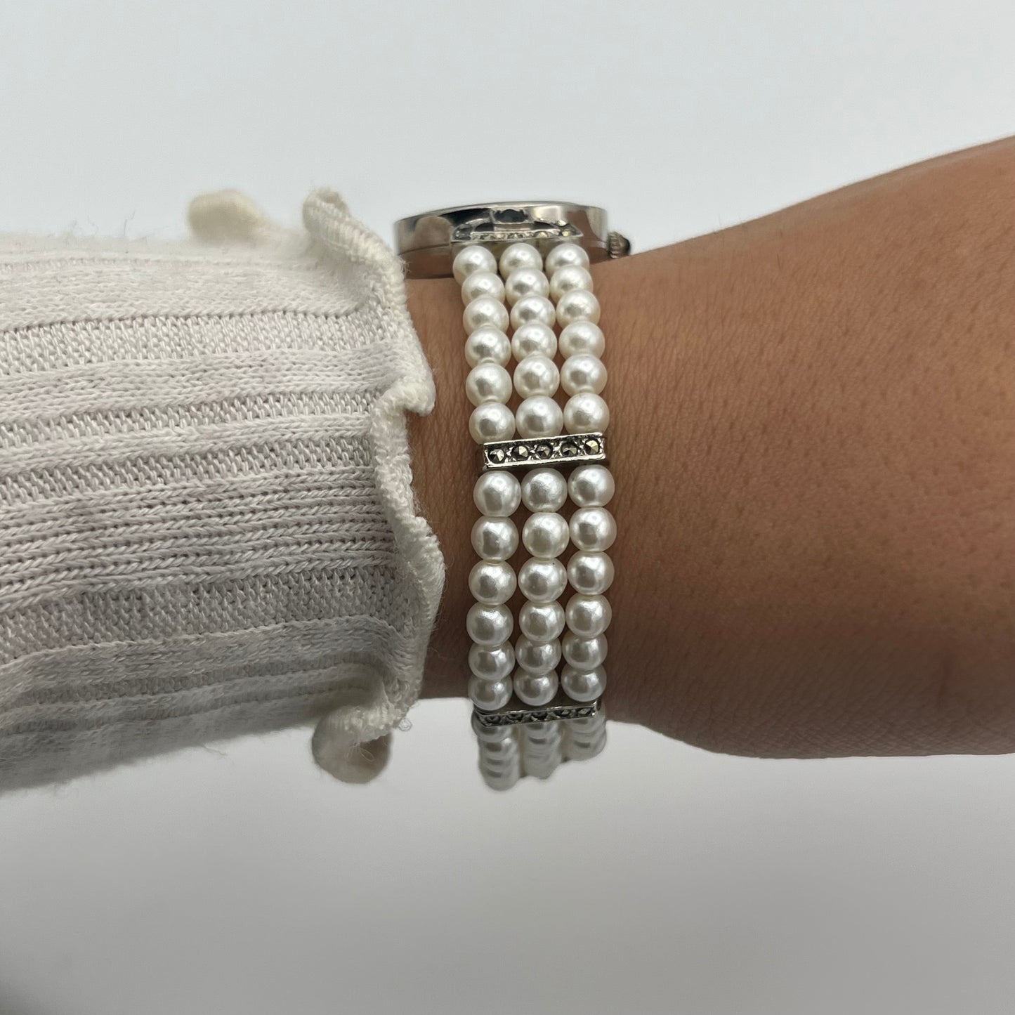 Pearl Diamanté Silver-Toned Watch
