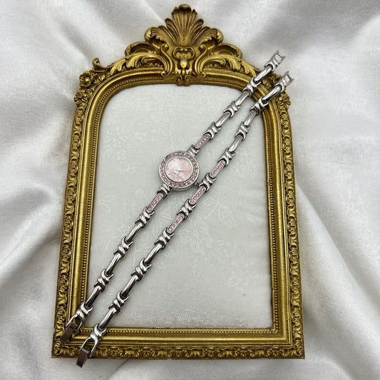 Pink Gemstone Silver-Toned Watch & Bracelet Set with Pink Mother of Pearl Dial