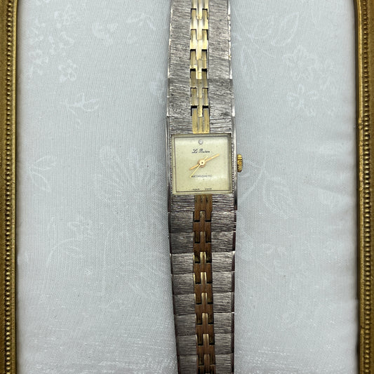 Brushed Two-Toned Watch with Minimalist Square Champagne Dial