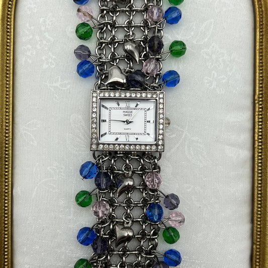 Silver-Toned Watch with Beaded Charm Band