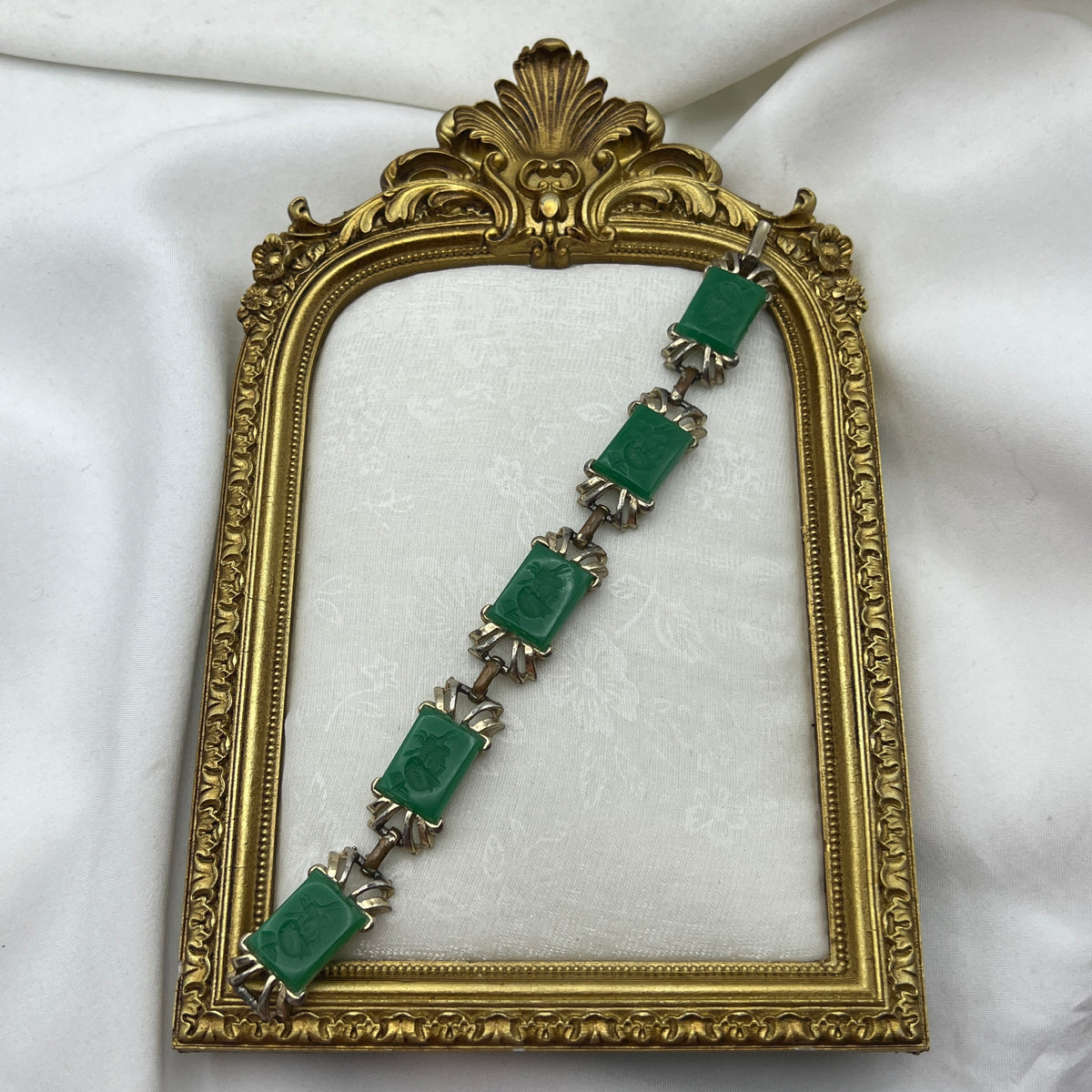 Green Carved Jade-Tone Bracelet