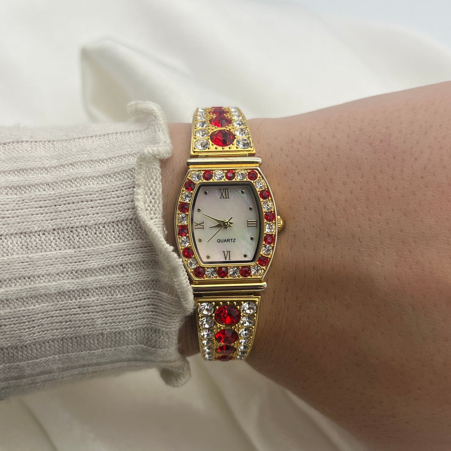 Red Diamanté Gold-Toned Watch