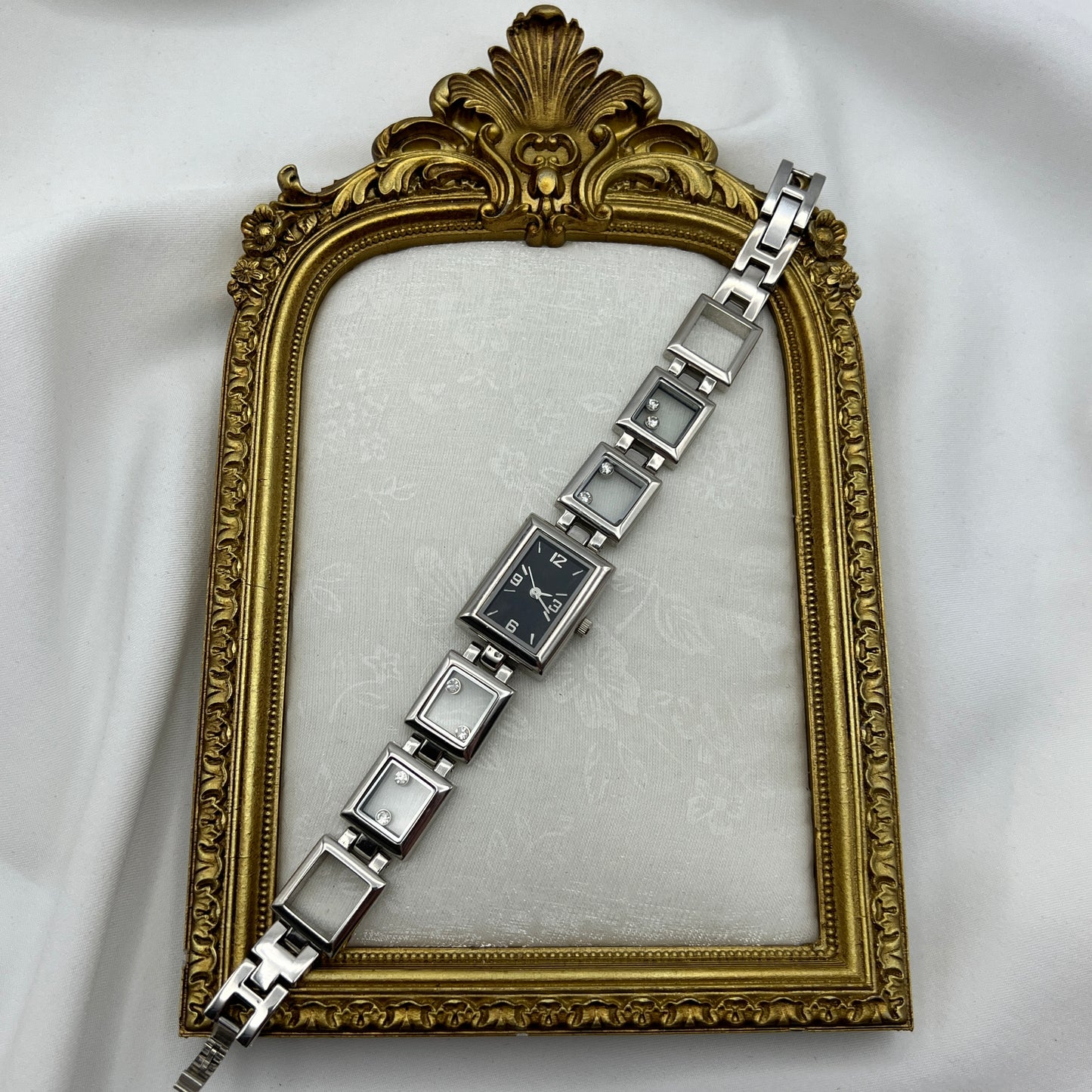 Rhinestone Watch with Black Rectangle Dial