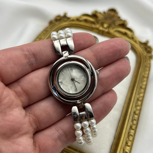Unique Pearly Beaded Silver-Tone Watch with Mother of Pearl Dial