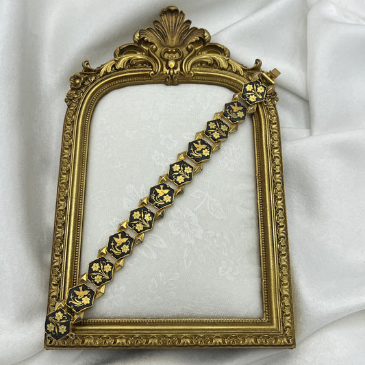 Damascene Flower Gold Tone Bracelet