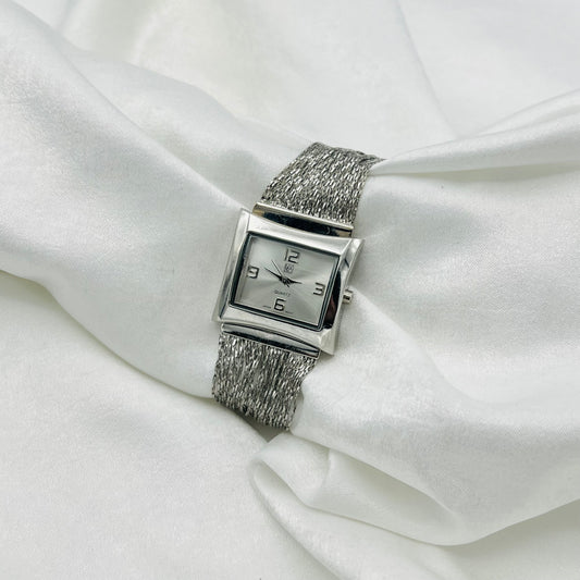 Silver-Toned Watch with Multi-Strand Tinsel Strap
