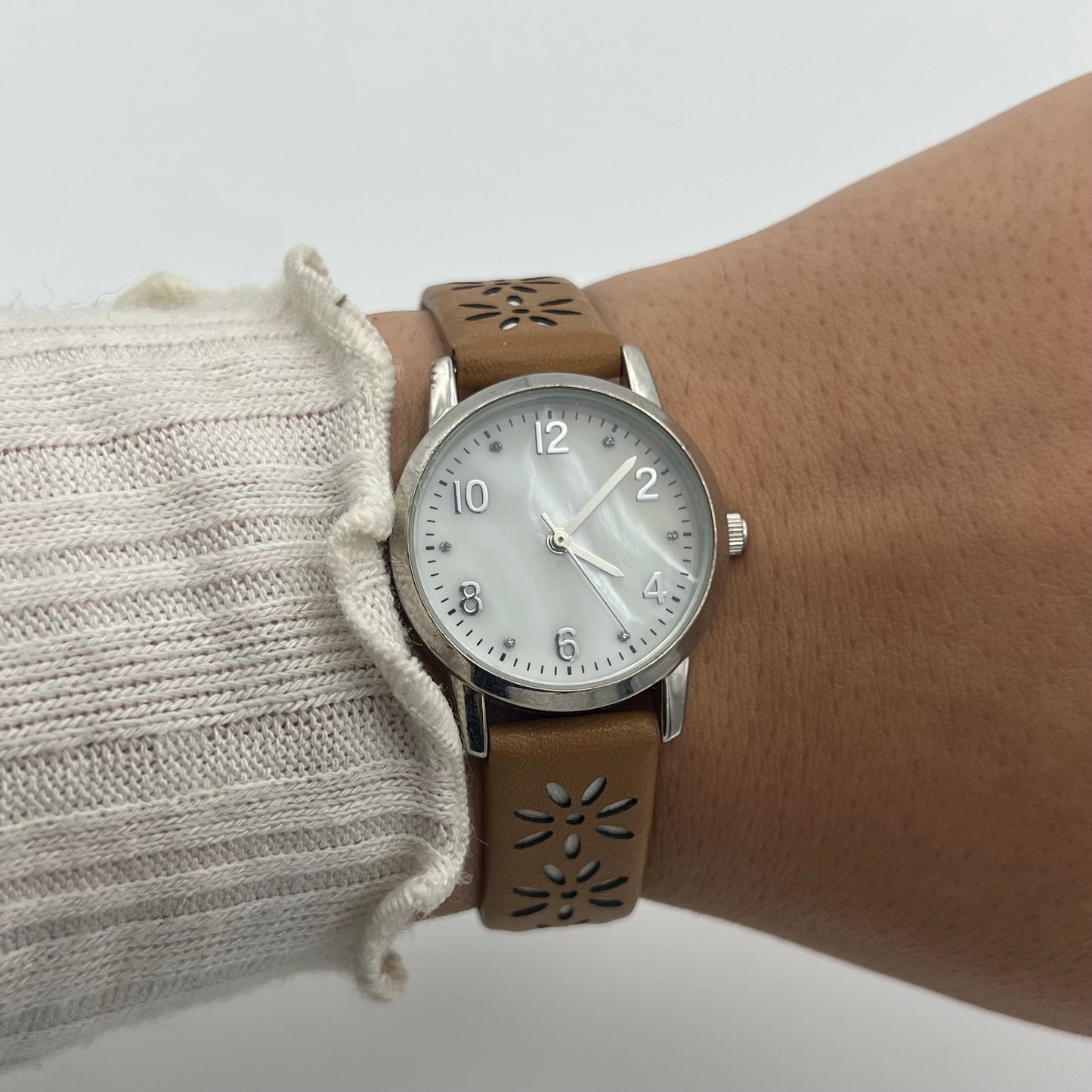 Brown Leather Flower Detailed Watch