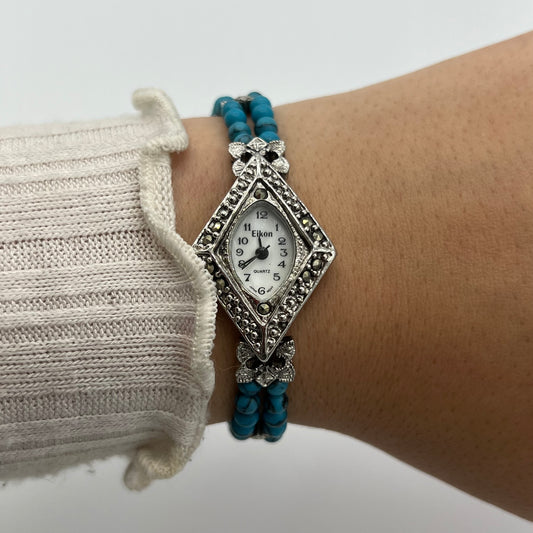 Elegant Turquoise Silver-Toned Watch