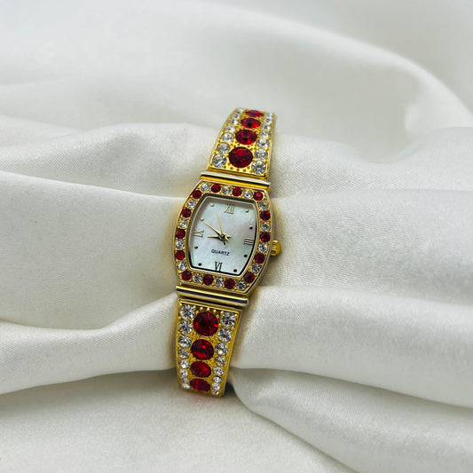 Red Diamanté Gold-Toned Watch
