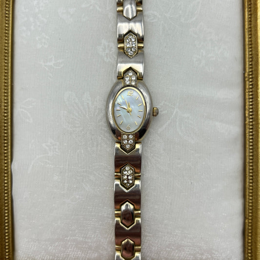 Oval Diamanté Gold-Tone Watch with Mother of Pearl Dial