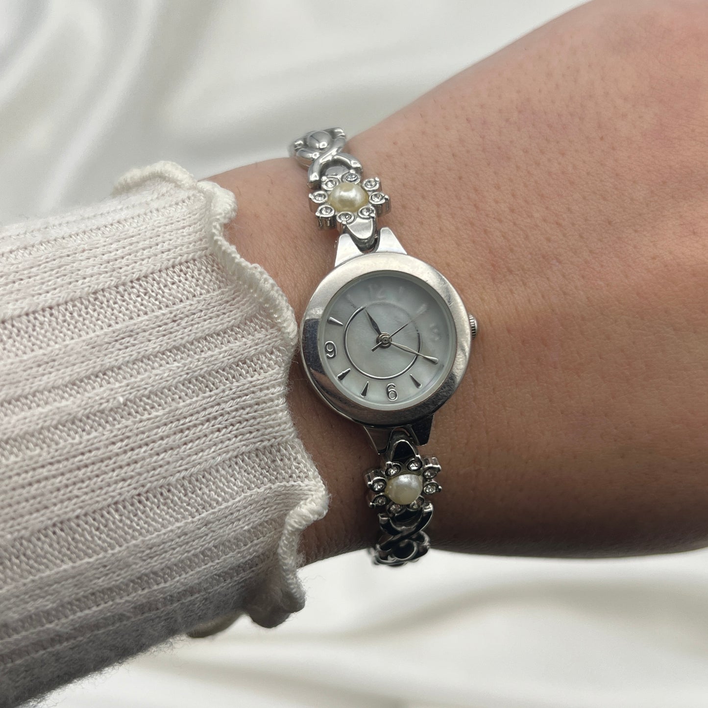 Silver-Tone Pearl Flower Watch with Mother of Pearl Dial