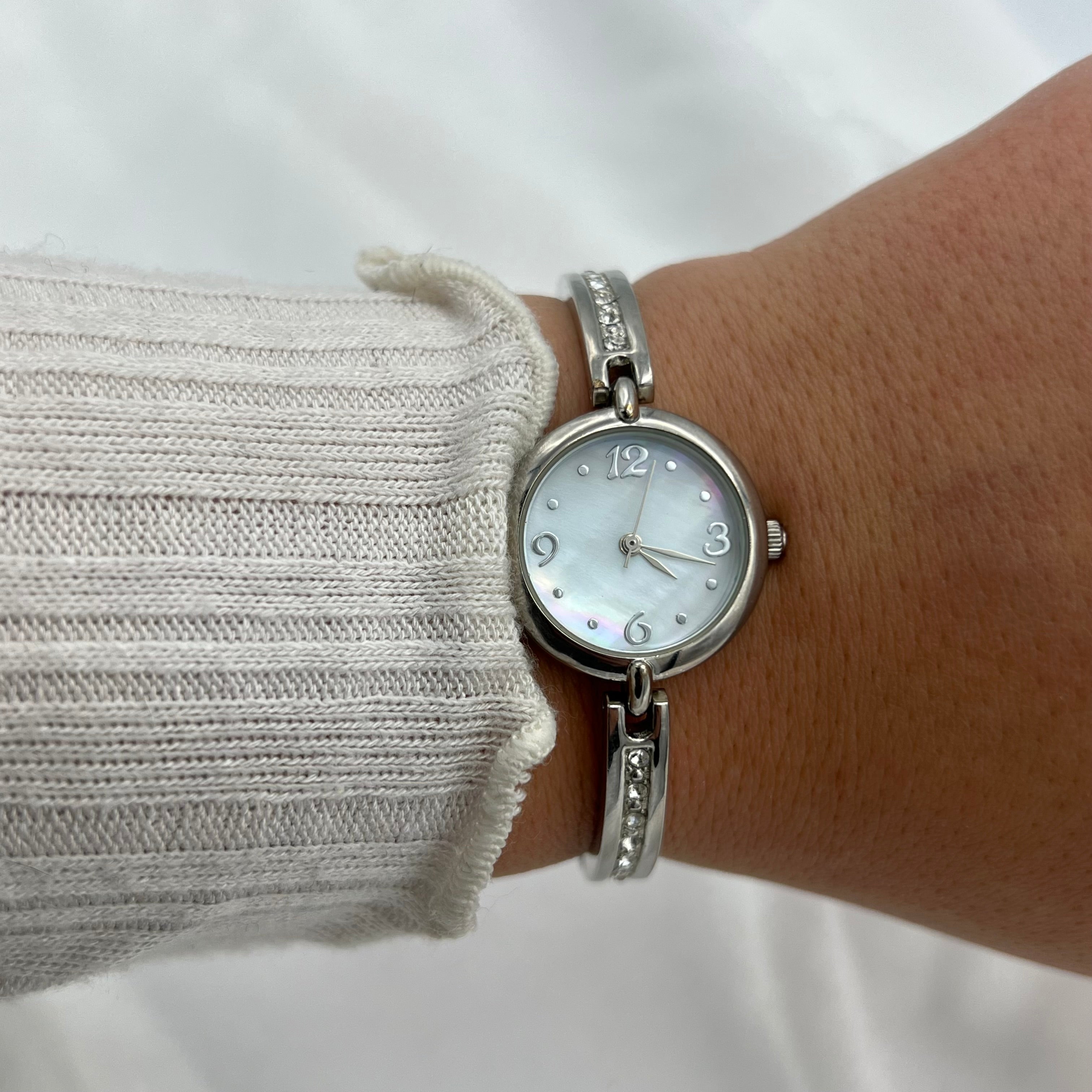 💎 Silver-Toned Diamanté Watch with Mother of Pearl Dial