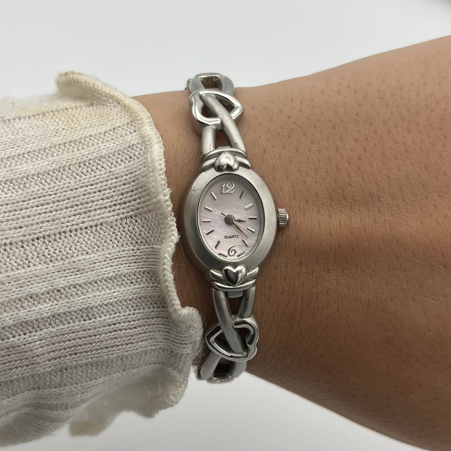 Silver-Toned Heart Watch with Pink Mother of Pearl Dial