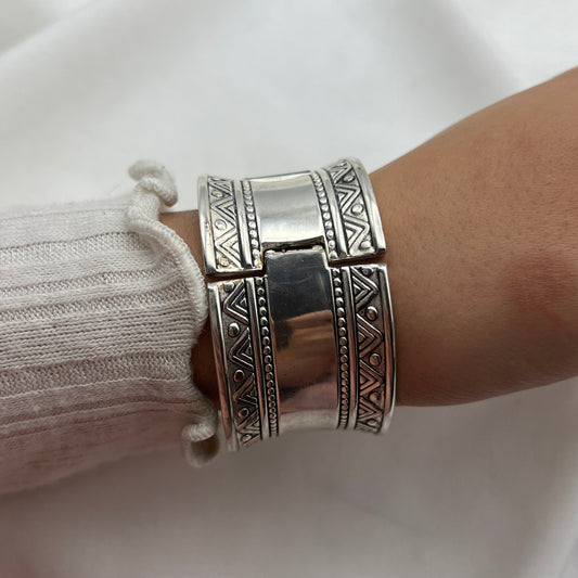 Silver-Tone Geometric Cuff Watch with Mother of Pearl Dial