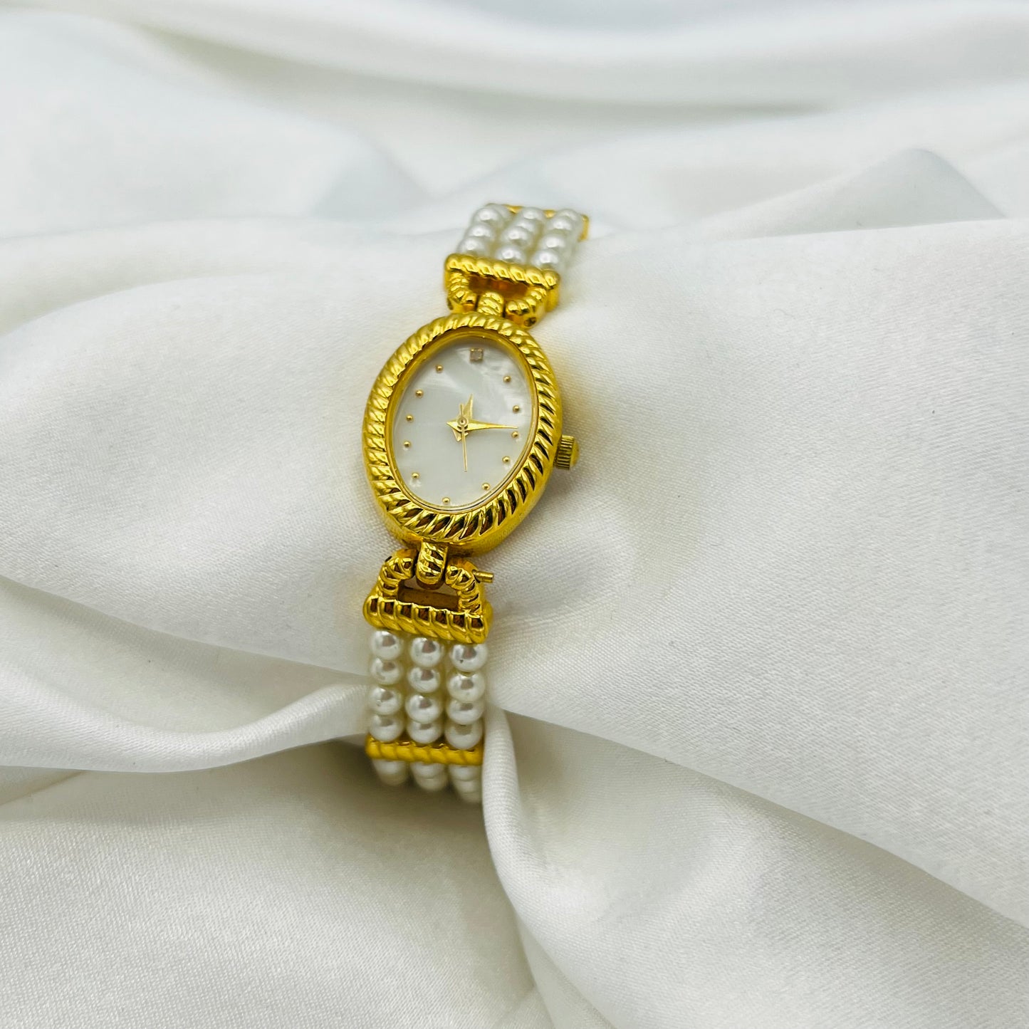 White Beaded Gold-Toned Watch