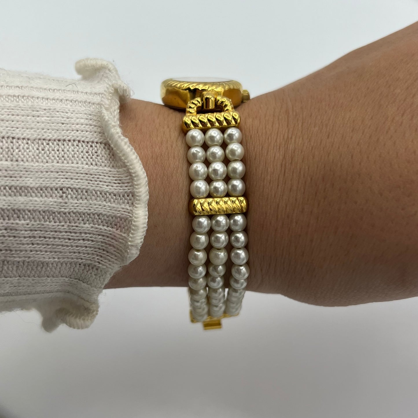 White Beaded Gold-Toned Watch