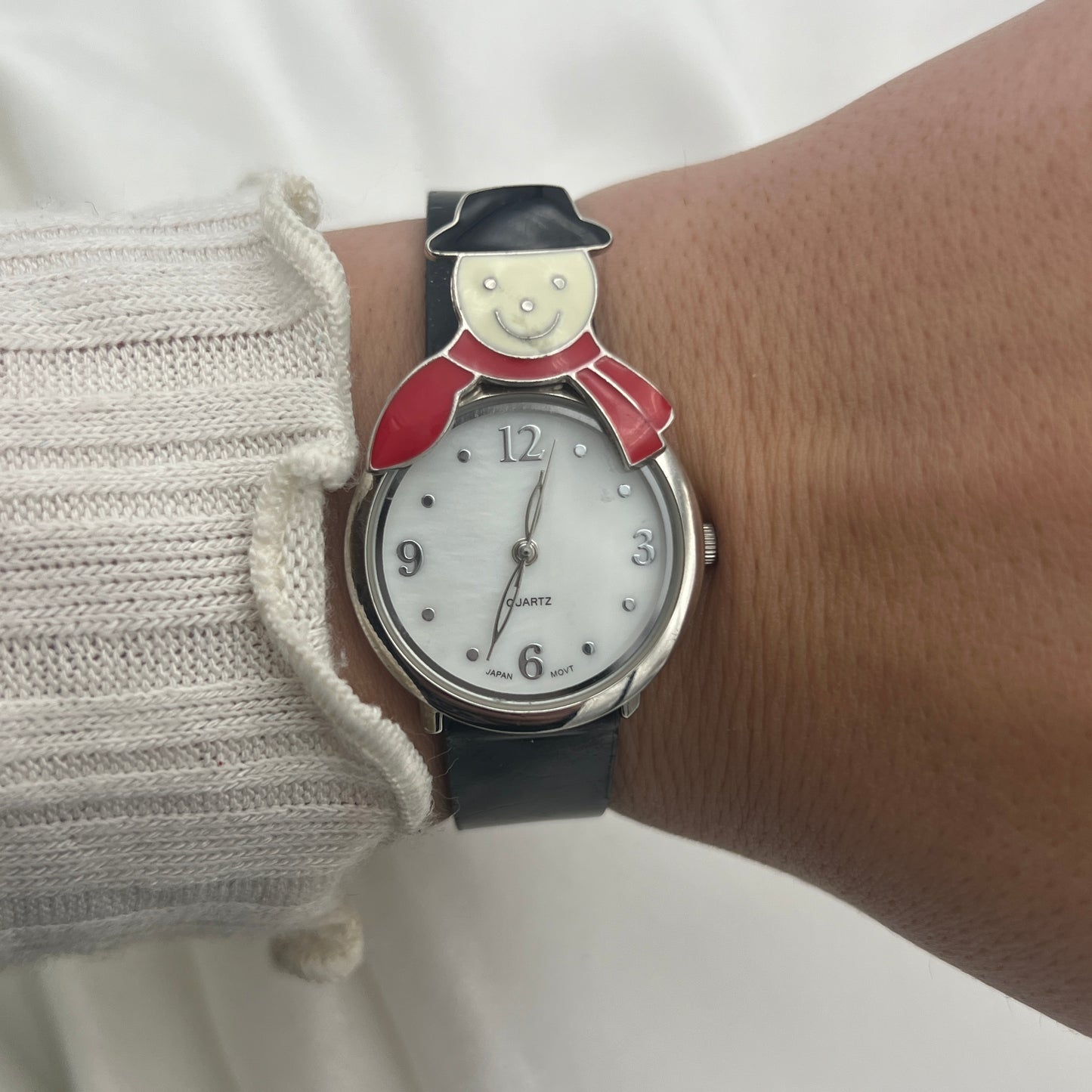 Snowman Black Leather Watch