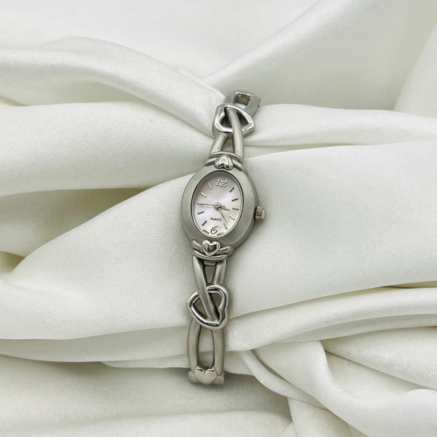 Silver-Toned Heart Watch with Pink Mother of Pearl Dial