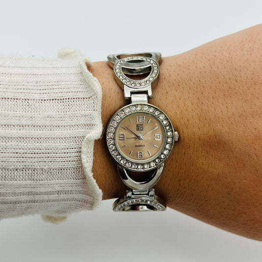 Silver-Toned Watch with Beige Dial