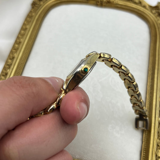 Dainty Gold-Tone Watch with Emerald-Tone Jewel Crown