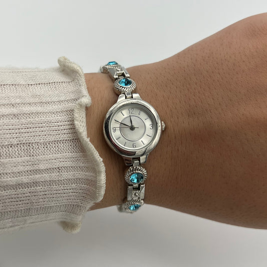 Blue Diamanté Silver-Toned Watch