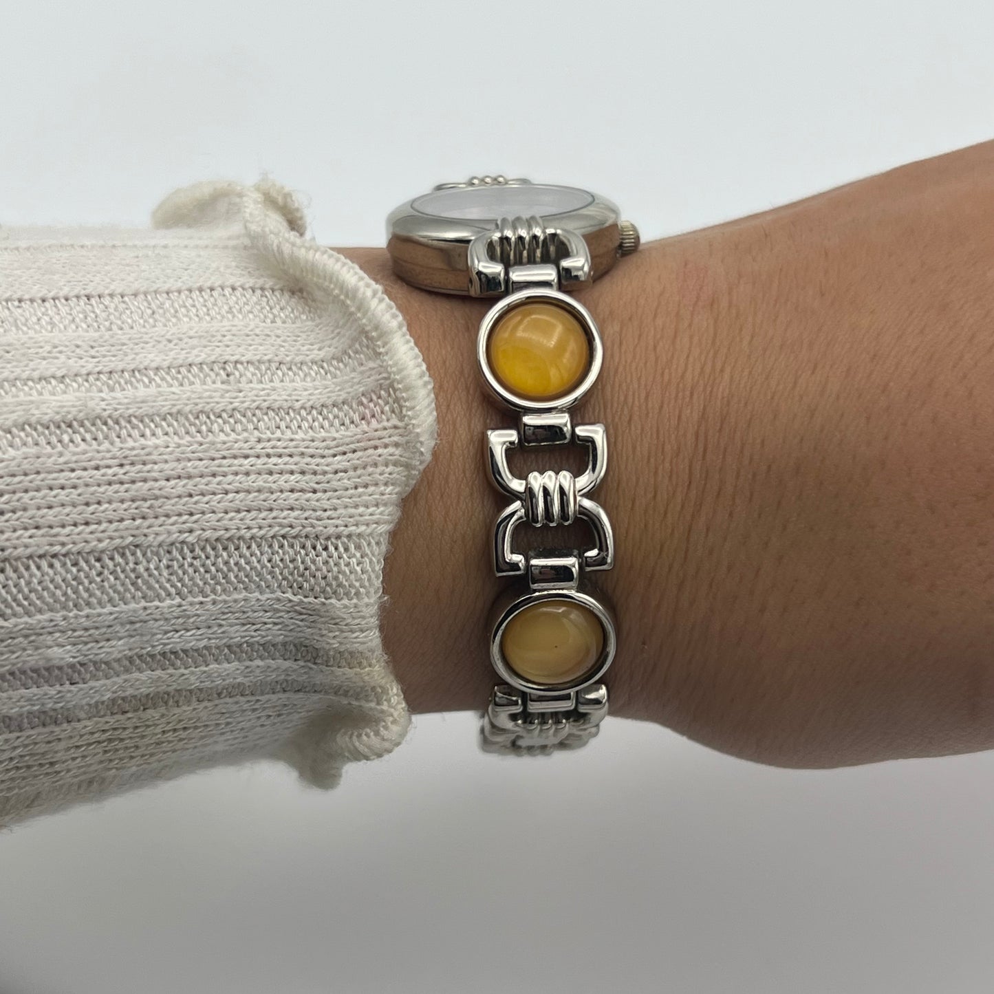 Yellow Gemstone Watch with Pink Iridescent Dial