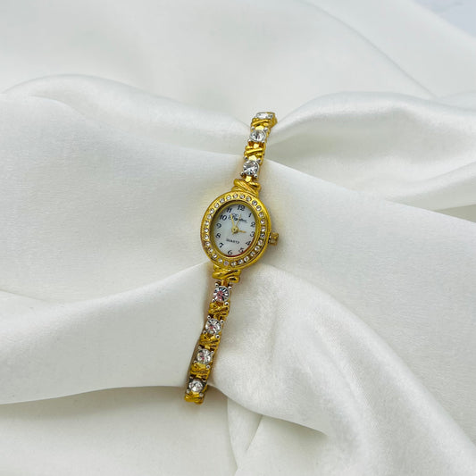 Gold-Toned Diamanté Tennis Bracelet Watch with Mother of Pearl Dial
