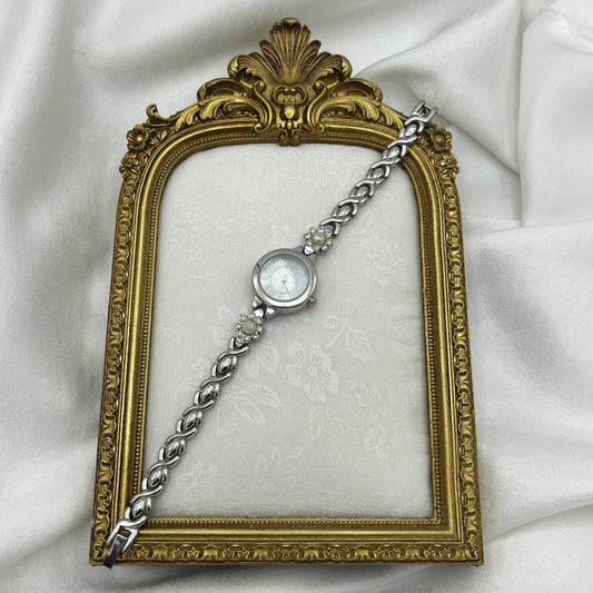 Silver-Tone Pearl Flower Watch with Mother of Pearl Dial