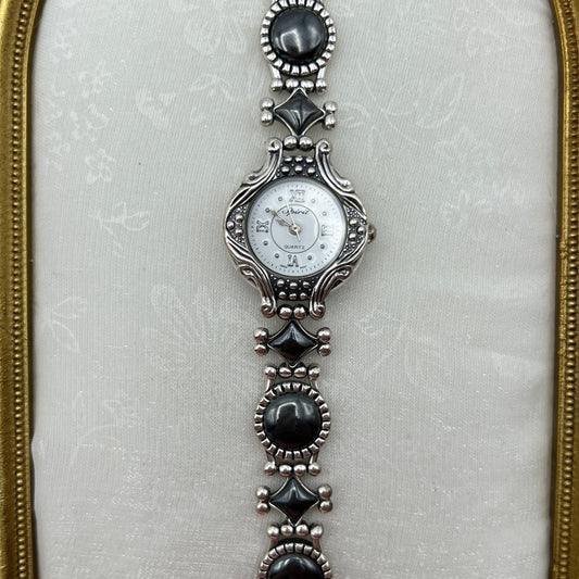 Ornate Black-Detailing Silver-Tone Watch