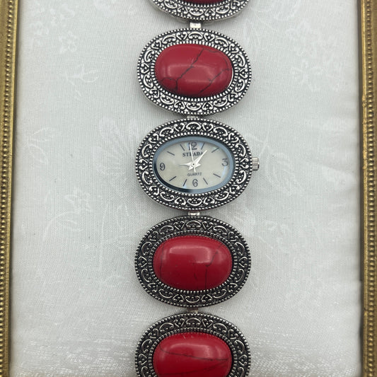 Oval Red Stones Set Watch