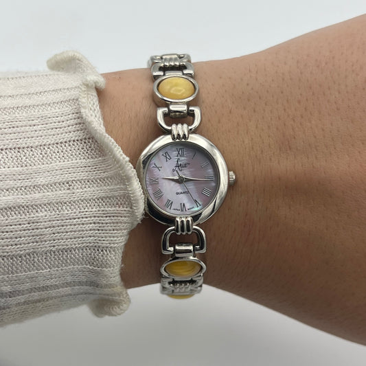 Yellow Gemstone Watch with Pink Iridescent Dial