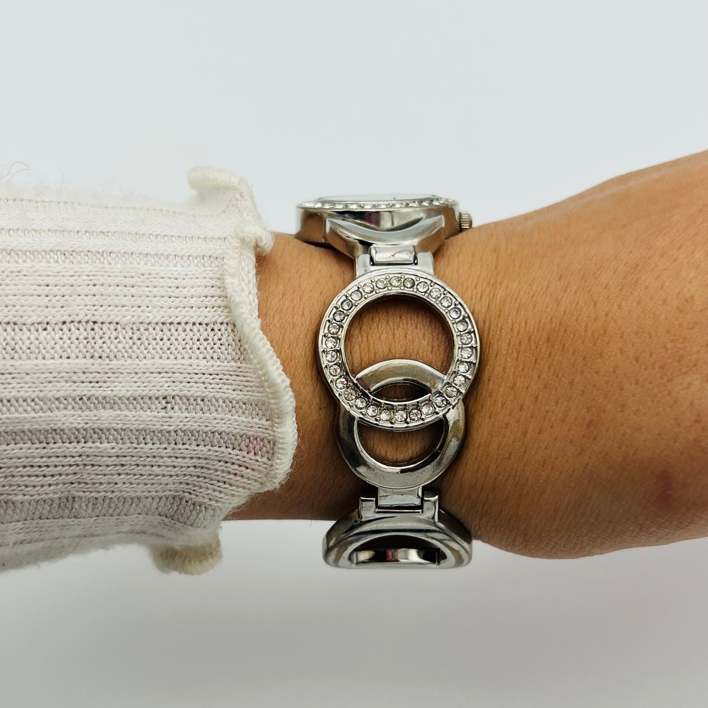 Silver-Toned Watch with Beige Dial