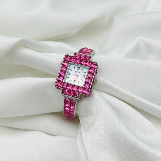 Cute Pink Gemstone Watch with Mother of Pearl Dial