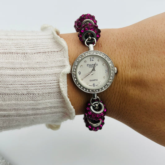 Silver-Toned Watch with Pink Gemstones