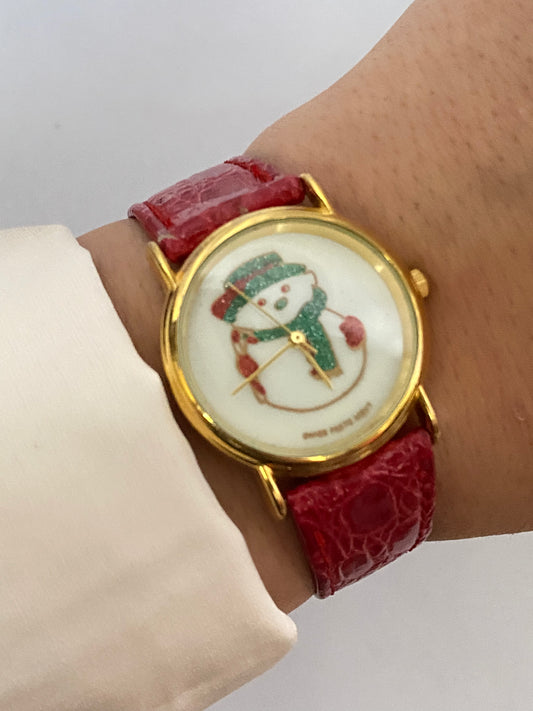 ☃️ Snowman Red Leather Band Watch