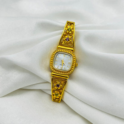 Dainty Gemstone Flower Watch with Mother of Pearl Dial