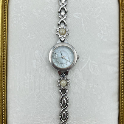 Silver-Tone Pearl Flower Watch with Mother of Pearl Dial