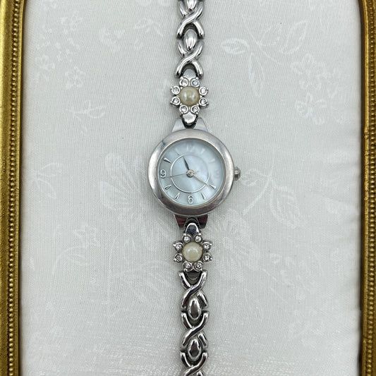 Silver-Tone Pearl Flower Watch with Mother of Pearl Dial