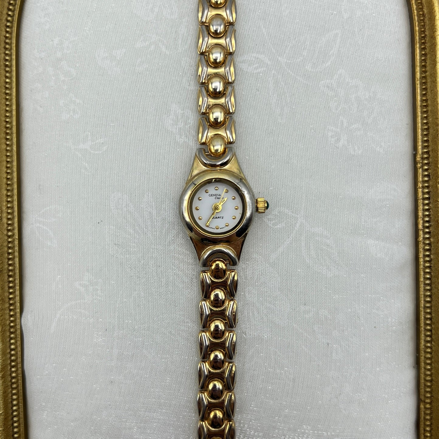 Dainty Gold-Tone Watch with Emerald-Tone Jewel Crown
