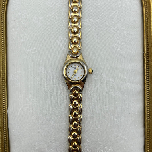 Dainty Gold-Tone Watch with Emerald-Tone Jewel Crown