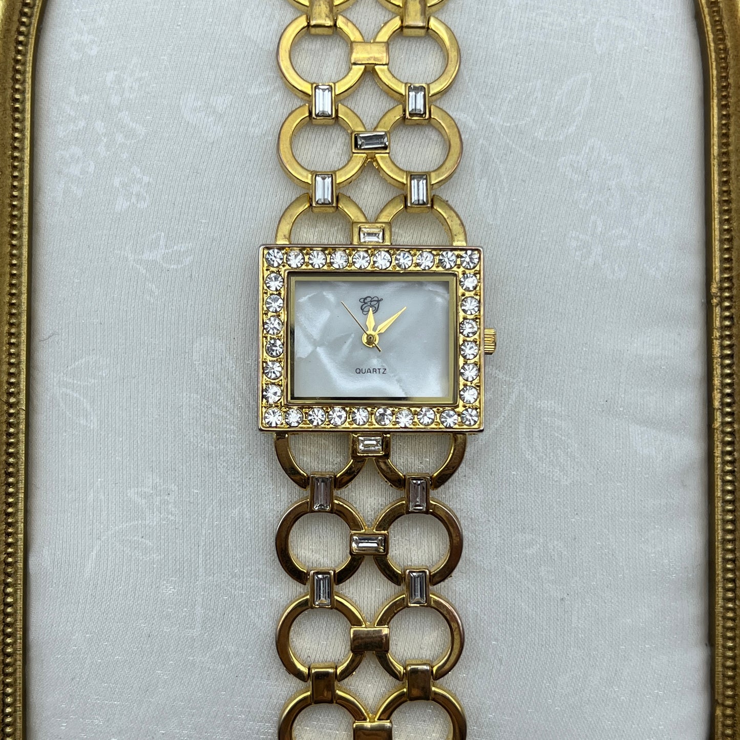 Elizabeth Taylor Baguette Diamanté Gold Tone Watch with Mother of Pearl Dial