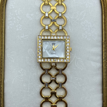 Elizabeth Taylor Baguette Diamanté Gold Tone Watch with Mother of Pearl Dial