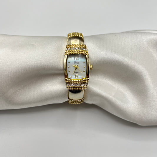 Gold Diamanté Cuff Watch with Mother of Pearl Dial